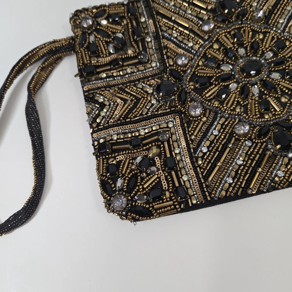 Chico's Black and Gold Beaded Wristlet Clutch
